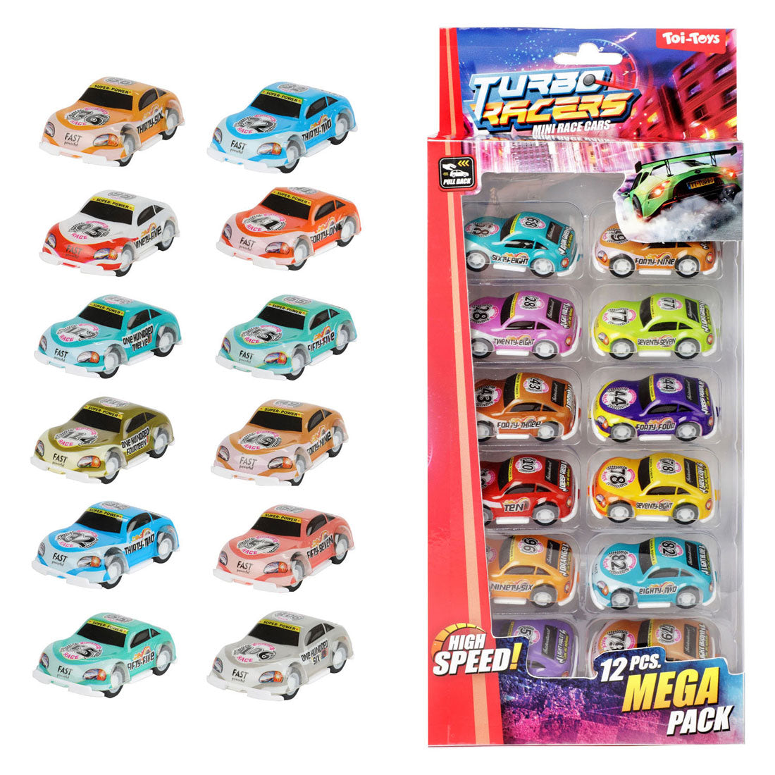 Toi-Toys Turbo Racers tira indietro le auto da corsa, 12 °.