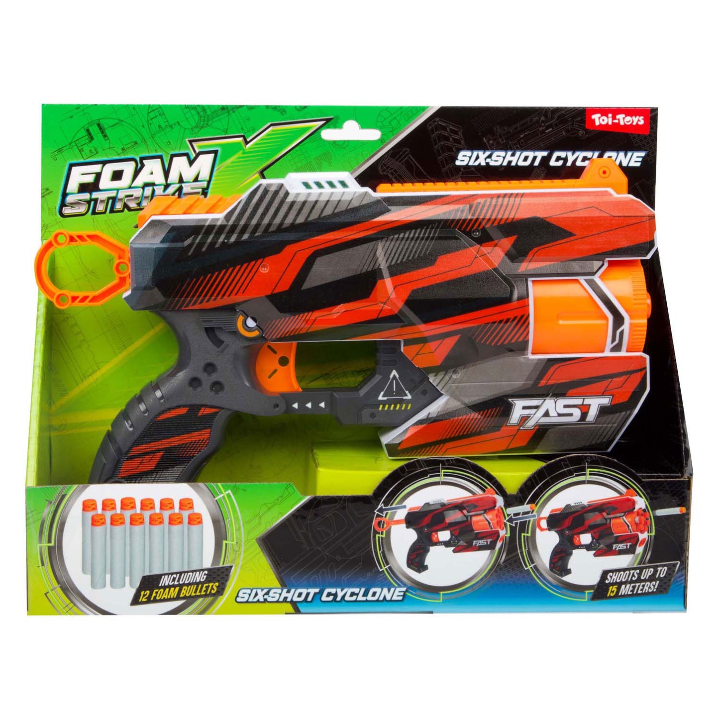 Toi-toys pistola de tiro foam strikex ciclón de seis tiros con 12 flechas de espuma
