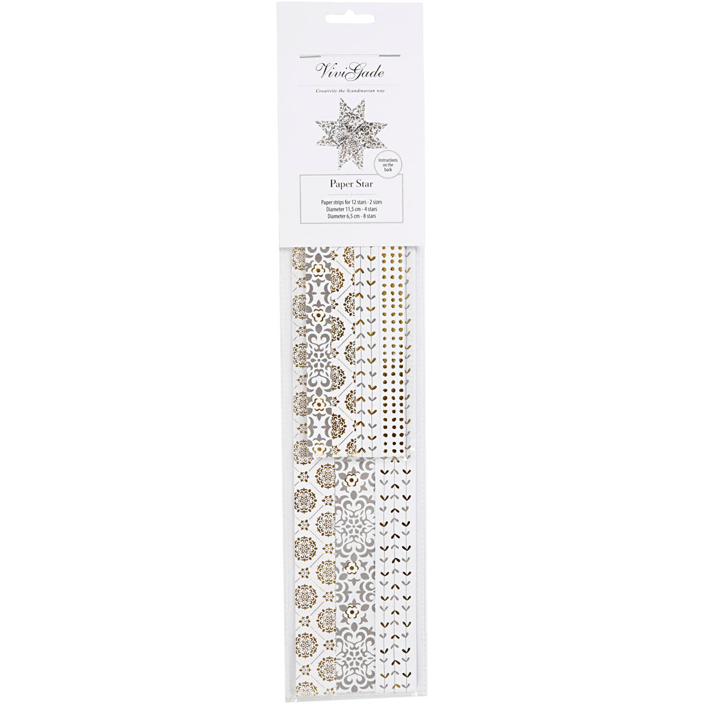 Strisce per intrecciare carta Vivi gade, l: 44+78 cm, d 6,5+11,5 cm, l: 15+25 mm, oro, bianco, 48 strisce 1 scatola