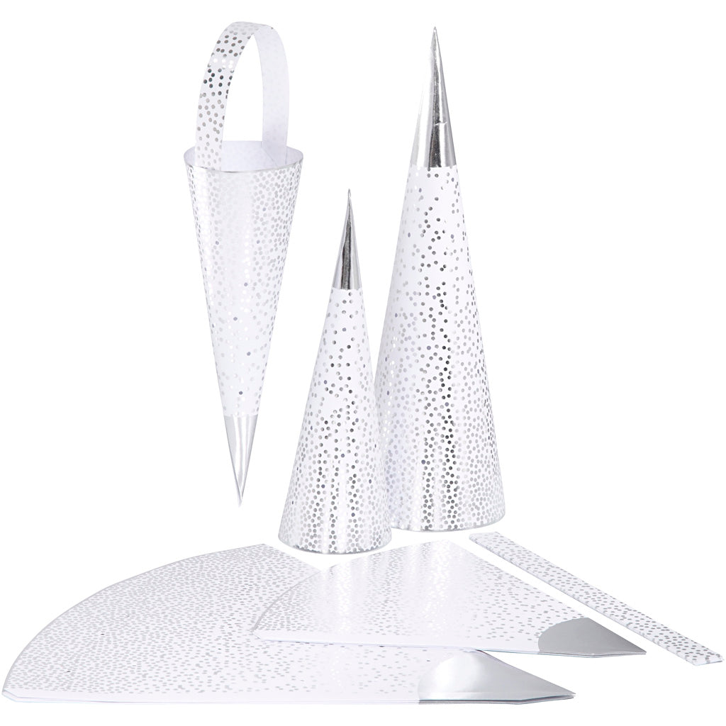 Vivi gade cones, h: 18+28 cm, 120 g, silver, white, 3 pieces 1 box