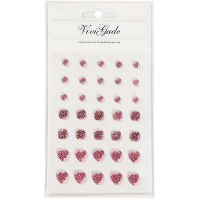 Strass Vivi Gade, tondo, quadrato, cuore, misura 6+8+10 mm, rosa, 35 pezzi 1 scatola