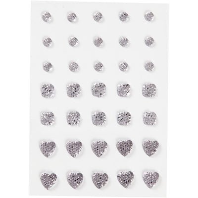 Strass Vivi Gade, tondo, quadrato, cuore, misura 6+8+10 mm, argento, 35 pezzi 1 scatola