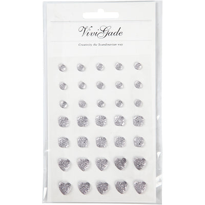 Strass Vivi Gade, tondo, quadrato, cuore, misura 6+8+10 mm, argento, 35 pezzi 1 scatola