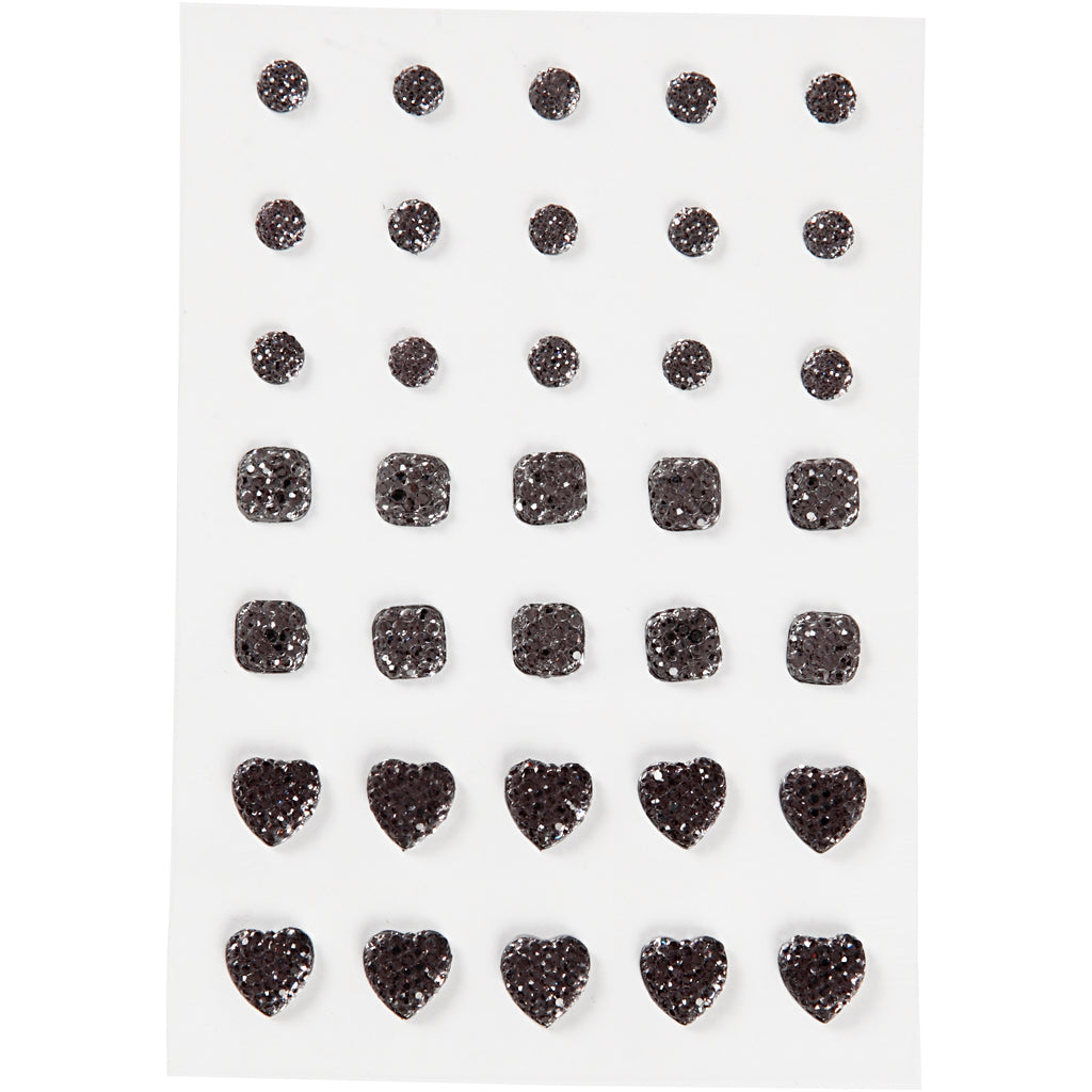 Vivi gade pedrería, redonda, cuadrada, corazón, medidas 6+8+10 mm, negro, 35 piezas 1 caja
