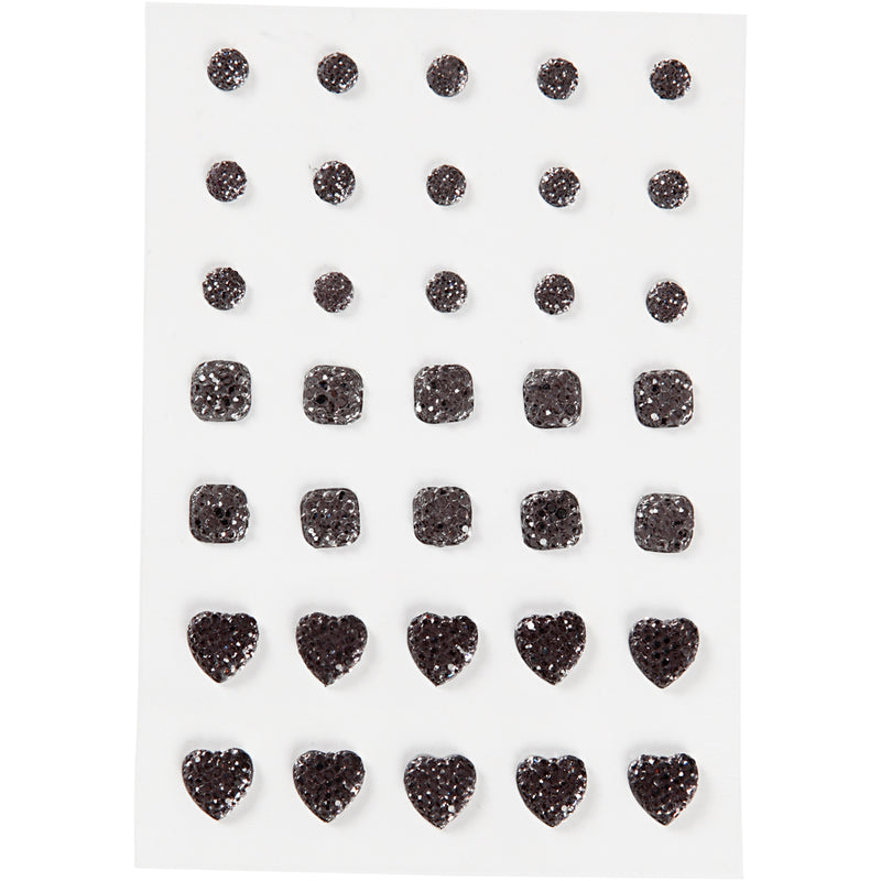 Strass Vivi Gade, tondo, quadrato, cuore, misura 6+8+10 mm, nero, 35 pezzi 1 scatola