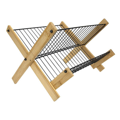 Escurreplatos de cocina imperial de bambú con alambre metálico.