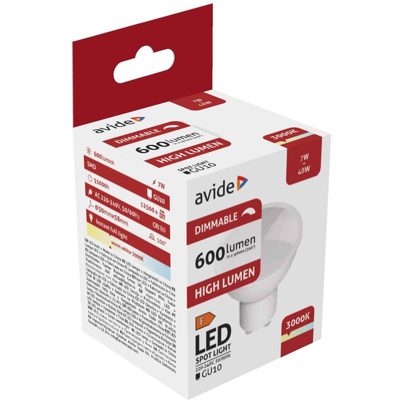 Avide faretto led gu10 7w 3000k ww dimmerabile