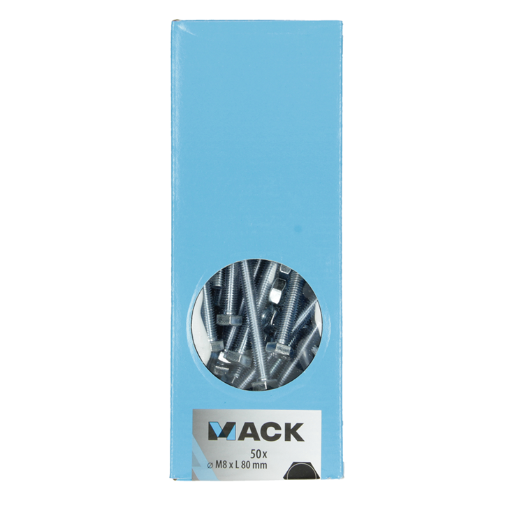 Mack 1007081 - perno macho + tuerca galvanizado 50 piezas 8 x 80 mm | 1 pieza
