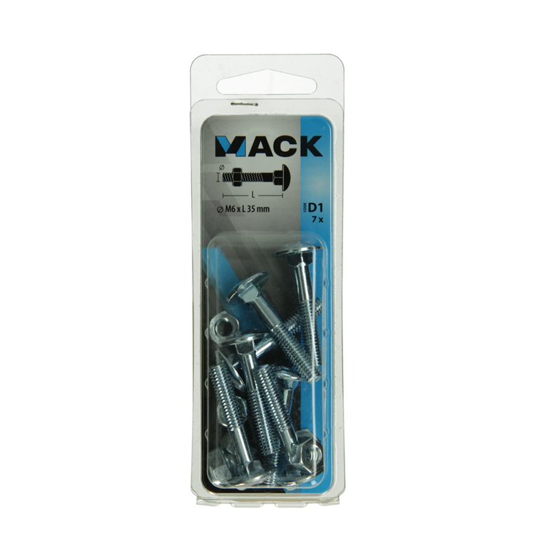 Mack 1017569 - perno para madera + tuerca acero galvanizado 7 piezas m6 x 35 mm | 5 piezas