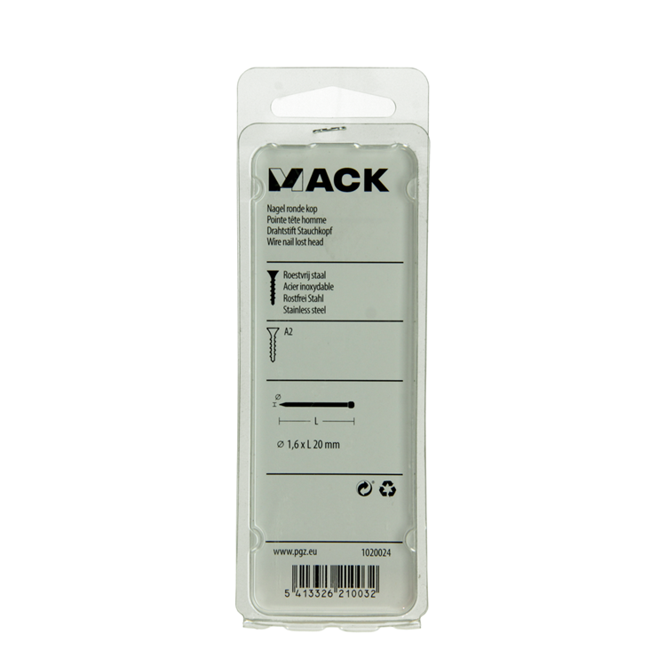 Mack 1020024 - clavo cabeza redonda acero inoxidable A2 100 uds 1,6 x 20 mm | 5 piezas