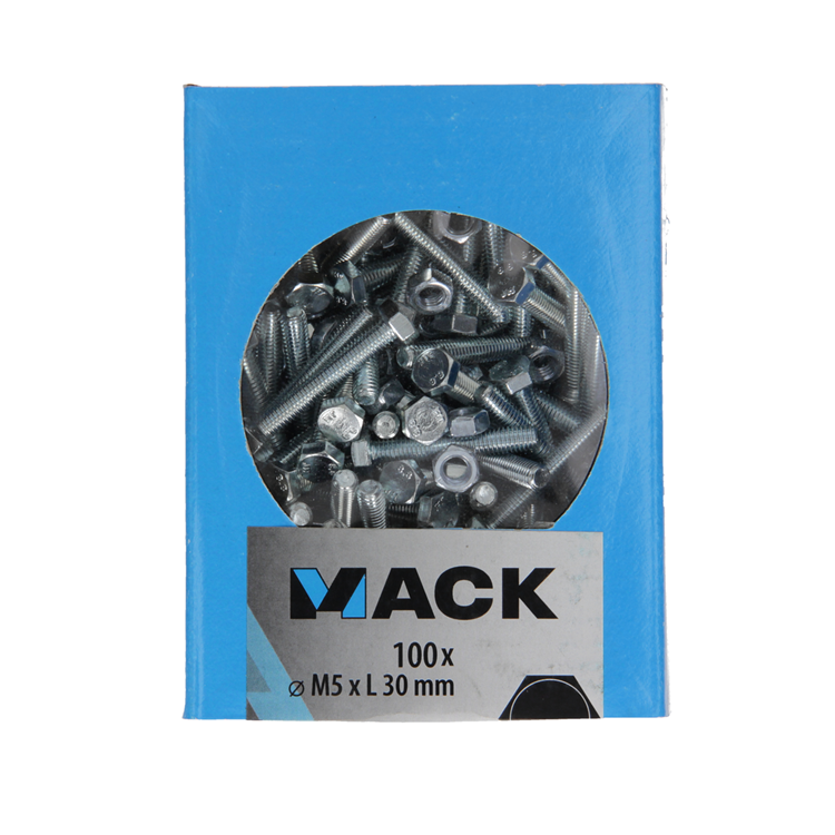 Mack 1007070 - perno macho + tuerca galvanizado 100 piezas 5 x 30 mm | 5 piezas