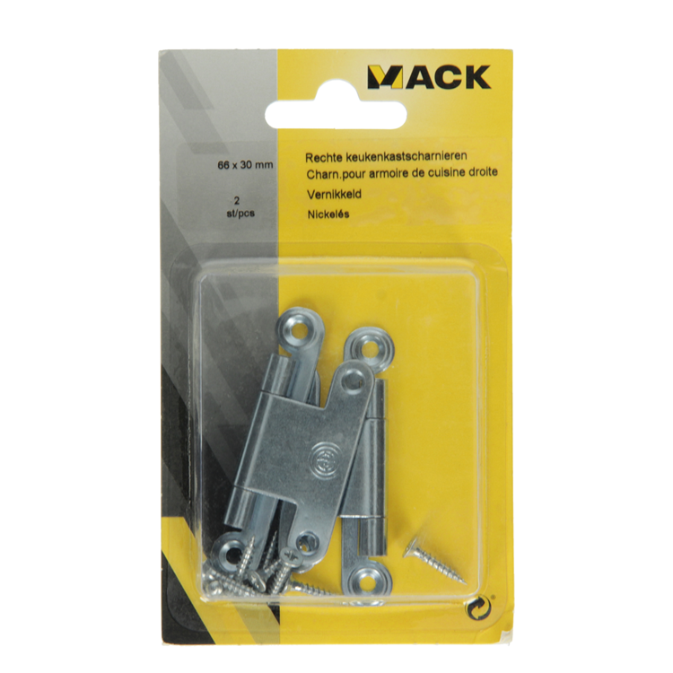 Mack 1013900 - 2 bisagras de armario semiocultas. niquelado alto 66 x ancho 30 mm | 5 piezas
