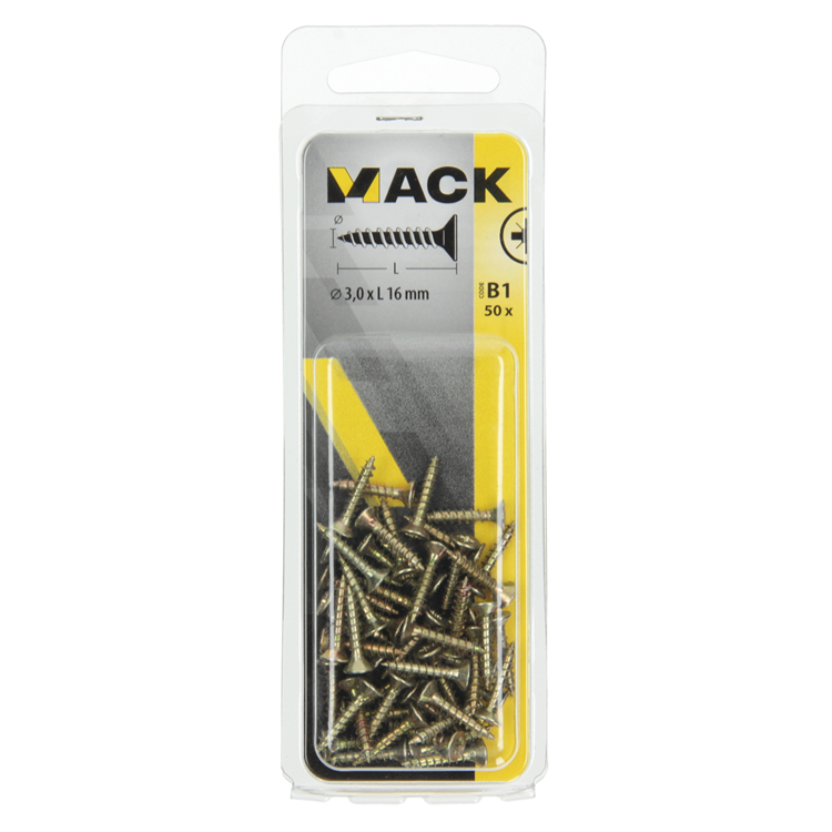 Mack 1017216 - tornillo para aglomerado con cabeza chapado en amarillo 50 piezas 3,0 x 16 mm | 10 piezas
