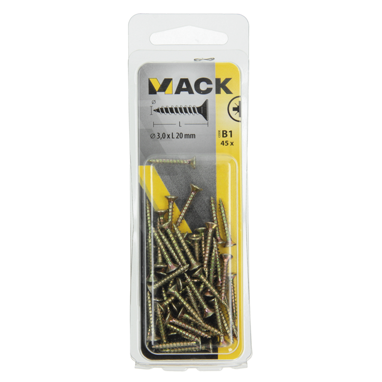 Mack 1017217 - tornillo para aglomerado con cabeza chapado en amarillo 45 piezas 3,0 x 20 mm | 10 piezas
