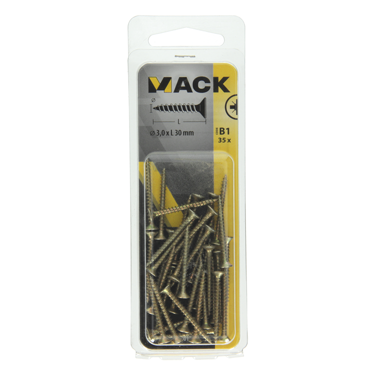 Mack 1017219 - tornillo para aglomerado con cabeza chapada en amarillo 35 piezas 3,0 x 30 mm | 10 piezas