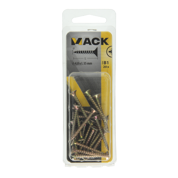 Mack 1017234 - tornillo para aglomerado con cabeza chapado en amarillo 20 piezas 4,0 x 35 mm | 10 piezas