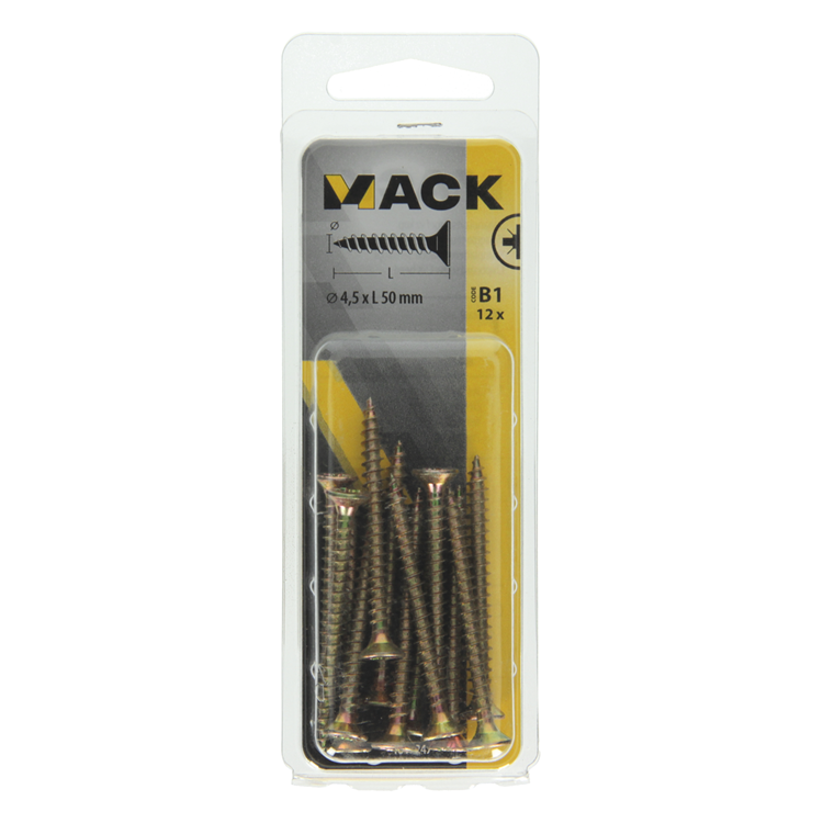 Mack 1017247 - tornillo para aglomerado con cabeza chapada en amarillo 12 piezas 4,5 x 50 mm | 10 piezas