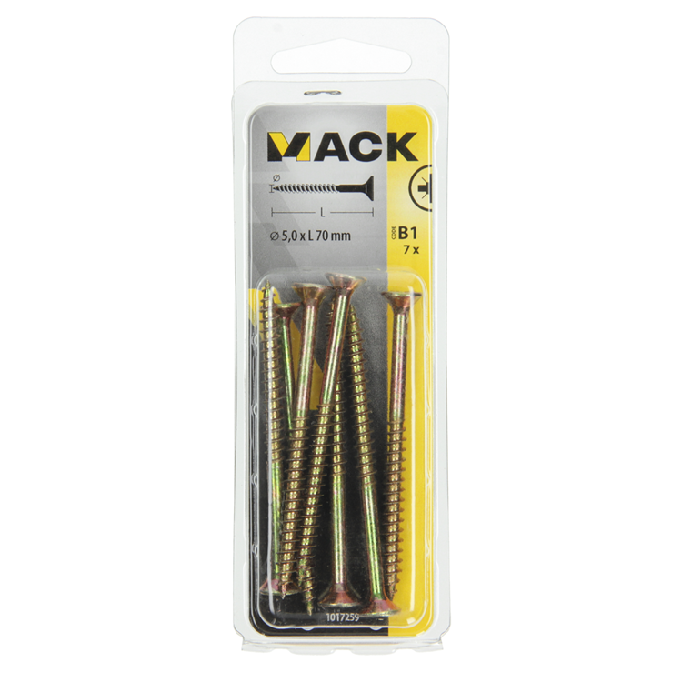 Mack 1017259 - Tornillo para aglomerado con cabeza chapada en amarillo. 7 piezas 5,0 x 70 mm | 10 piezas
