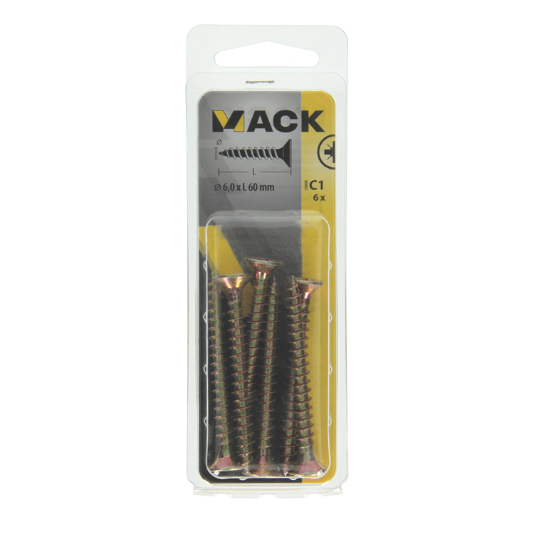 Mack 1017263 - tornillo para aglomerado con cabeza chapada en amarillo. 6 piezas 6,0 x 60 mm | 10 piezas