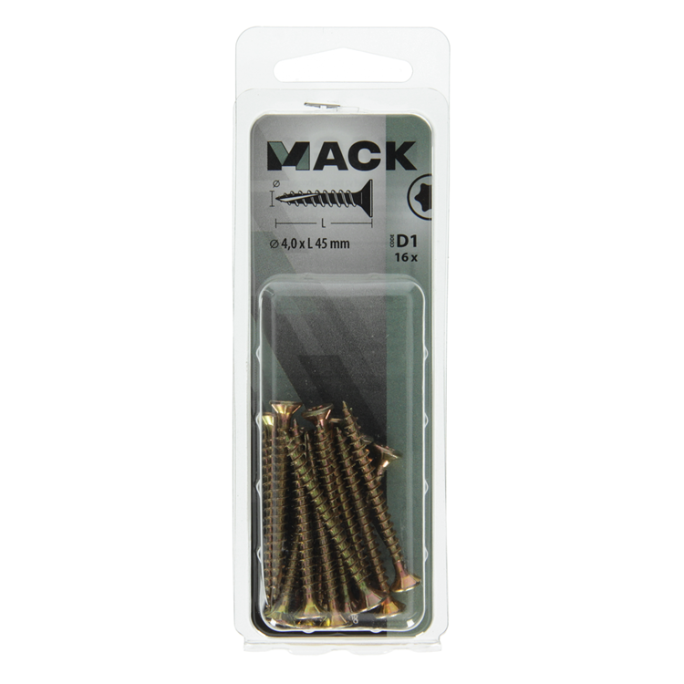 Mack 1017298 - cabeza de tornillo de chip automontable chapado en amarillo 16 piezas 4,0 x 45 mm | 10 piezas
