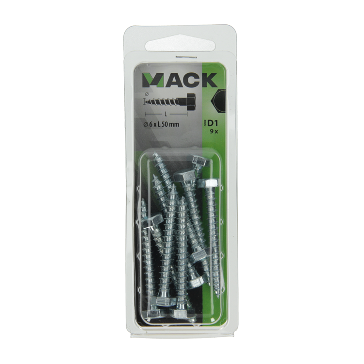 Mack 1017405 - perno roscado para madera acero galvanizado 9 piezas 6 x 50 mm | 10 piezas