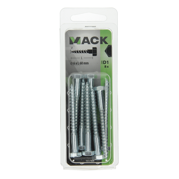 Mack 1017406 - perno roscado para madera acero galvanizado 8 piezas 6 x 60 mm | 10 piezas