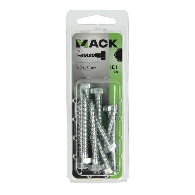 Mack 1017409 - perno roscado para madera acero galvanizado 9 piezas 7 x 50 mm | 5 piezas