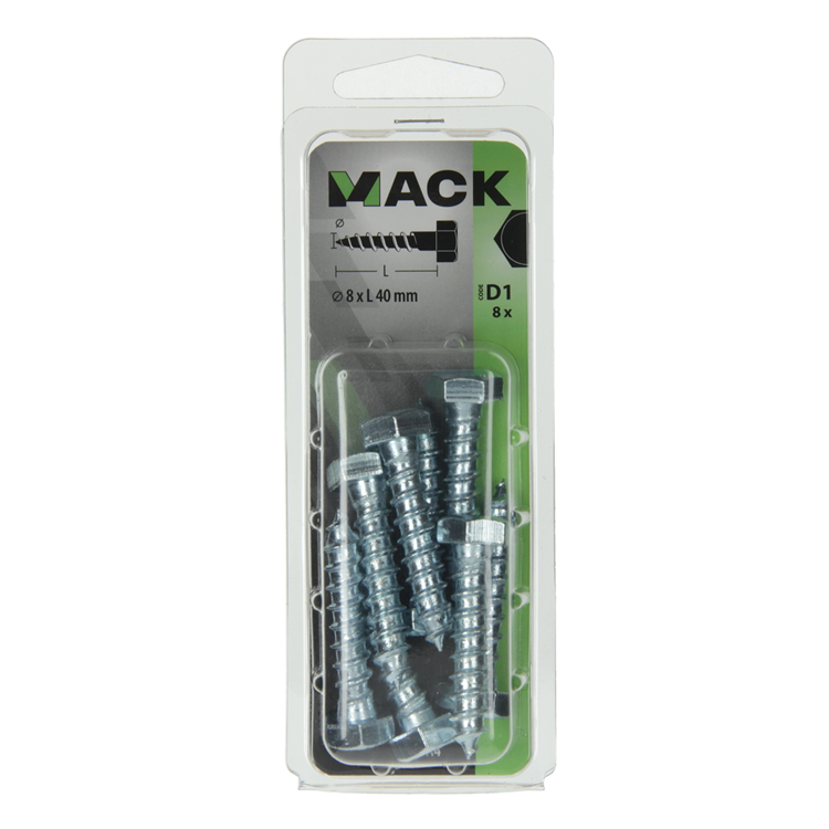 Mack 1017414 - perno roscado para madera acero galvanizado 8 piezas 8 x 40 mm | 5 piezas