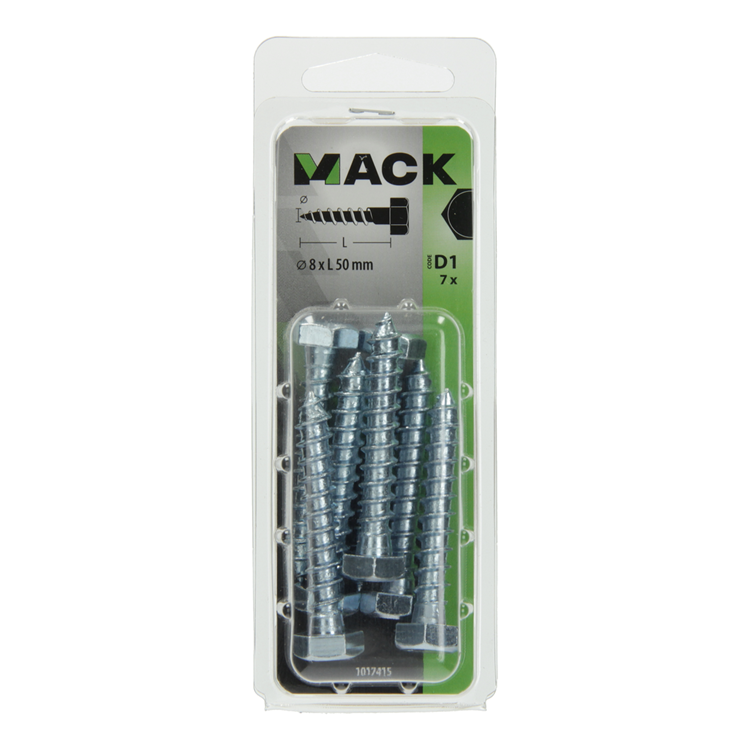 Mack 1017415 - perno roscado para madera acero galvanizado 7 piezas 8 x 50 mm | 5 piezas
