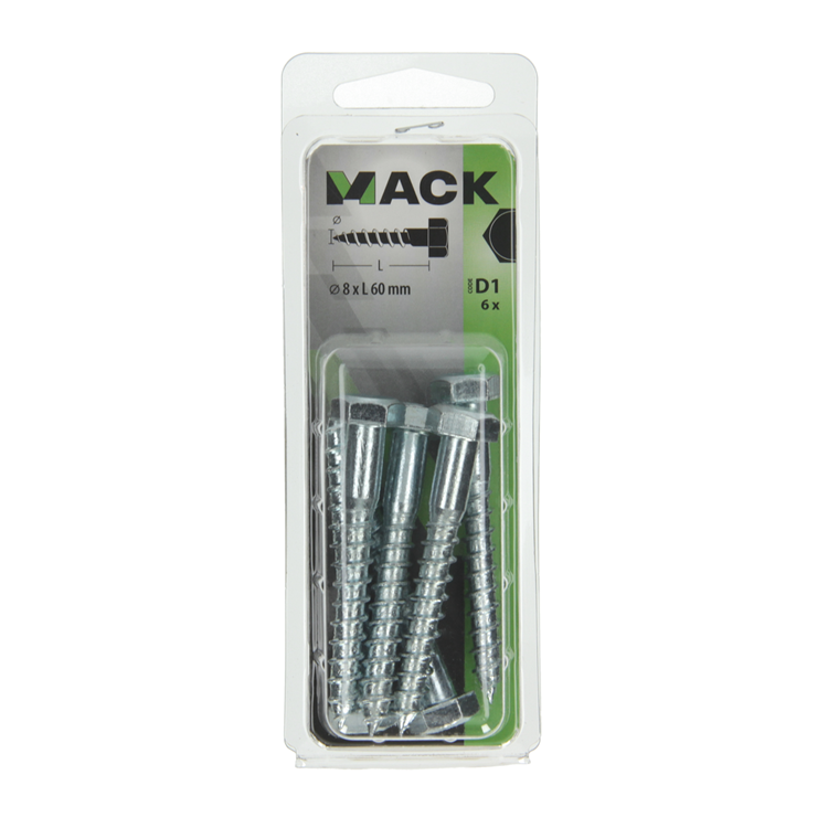 Mack 1017416 - perno rosca madera acero galvanizado 6 piezas 8 x 60 mm | 5 piezas