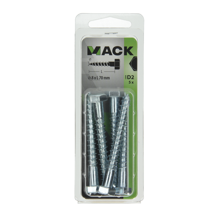 Mack 1017417 - perno roscado para madera acero galvanizado 5 piezas 8 x 70 mm | 5 piezas