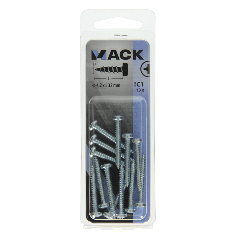 Mack 1017450 - tornillo autorroscante cabeza cilíndrica galv. 13 piezas 4,2 x 32 mm | 10 piezas