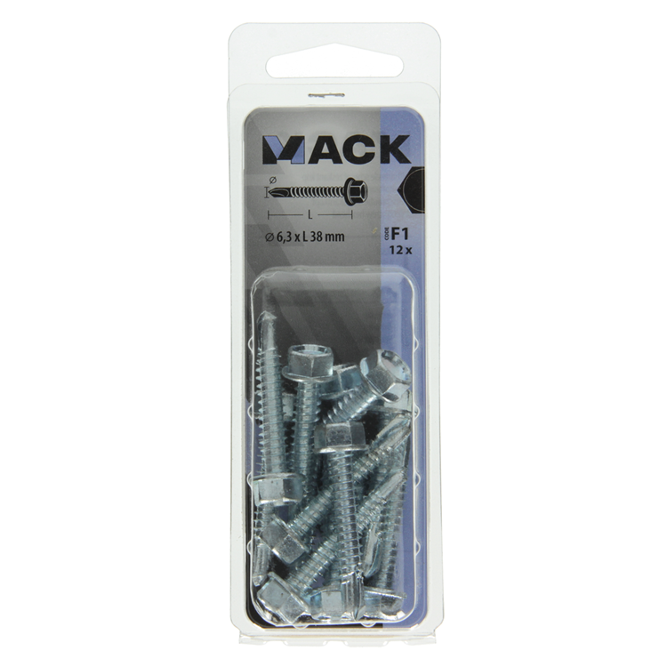 Mack 1017481 - tornillo hexagonal autoperforante. cabeza galvanizada. 12 piezas 6,3 x 38 mm | 5 piezas