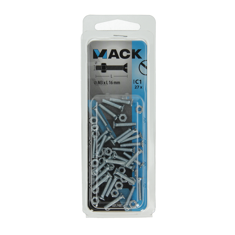 Mack 1017489 - tornillo metálico galvanizado. cabeza + tuerca chapada 27pzs m3 x 16 mm | 10 piezas