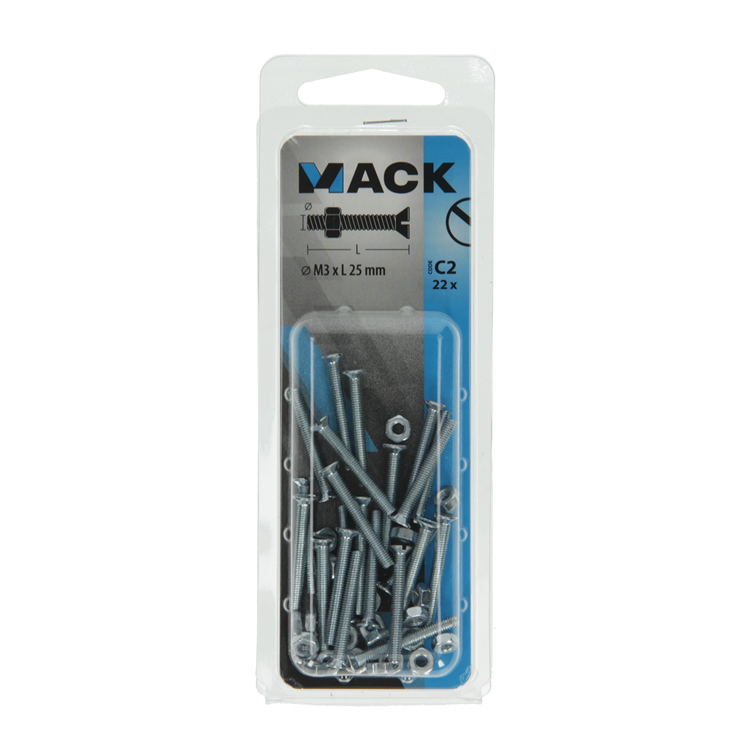 Mack 1017490 - tornillo metálico galvanizado. cabeza + tuerca chapada 22uds m3 x 25 mm | 10 piezas