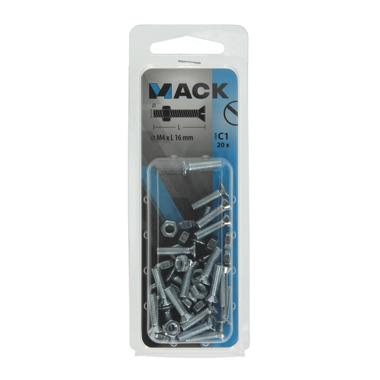 Mack 1017491 - tornillo metálico galvanizado. cabeza + tuerca chapada 20uds m4 x 16 mm | 10 piezas