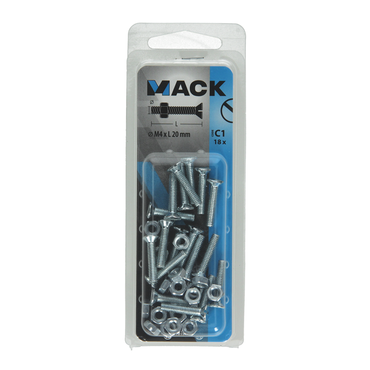 Mack 1017492 - tornillo metálico galvanizado. cabeza + tuerca chapada 18pzs m4 x 20 mm | 10 piezas