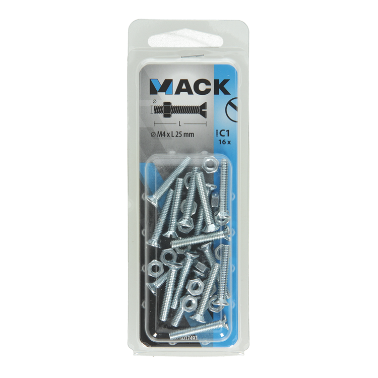 Mack 1017493 - tornillo metálico galvanizado. cabeza + tuerca chapada 16uds m4 x 25 mm | 10 piezas