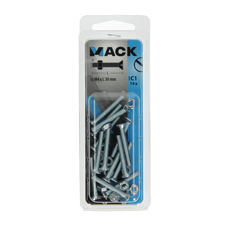 Mack 1017494 - tornillo metálico galvanizado. cabeza + tuerca chapada 14pzs m4 x 30 mm | 10 piezas
