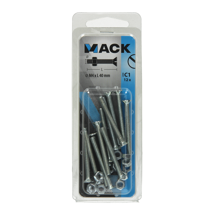 Mack 1017495 - tornillo metálico galvanizado. cabeza + tuerca chapada 12pzs m4 x 40mm | 10 piezas
