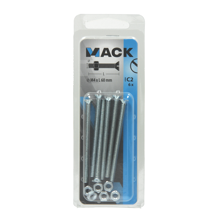 Mack 1017497 - tornillo metálico galvanizado. cabeza + tuerca chapada 6 piezas m4 x 60 mm | 10 piezas