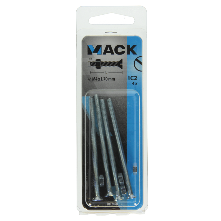 Mack 1017498 - tornillo metálico galvanizado. cabeza + tuerca chapada 4 piezas m4 x 70 mm | 10 piezas