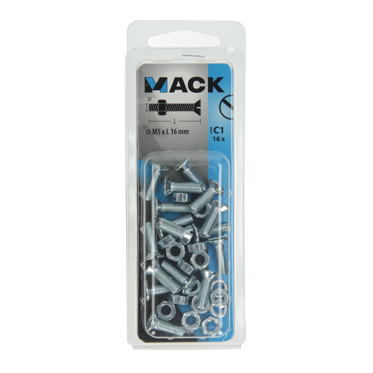 Mack 1017499 - tornillo metálico galvanizado. cabeza + tuerca chapada 16uds m5 x 16 mm | 10 piezas