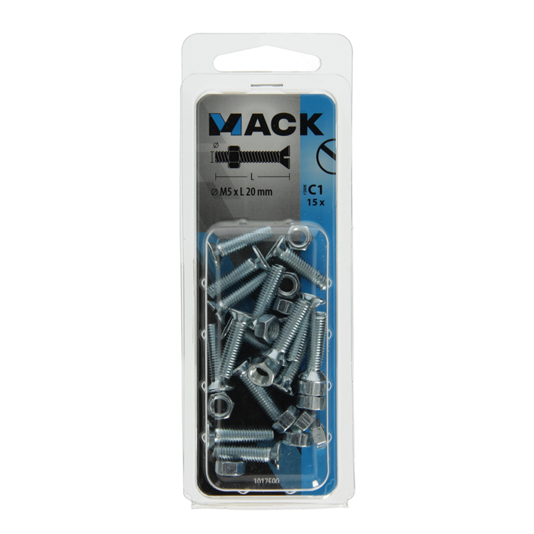 Mack 1017500 - tornillo metálico galvanizado. cabeza + tuerca chapada 15uds m5 x 20 mm | 10 piezas