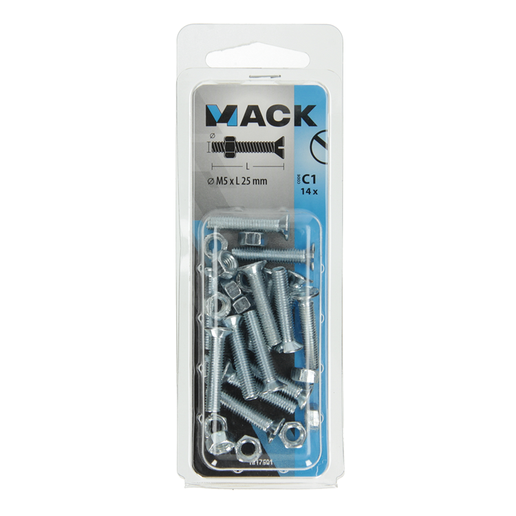 Mack 1017501 - tornillo metálico galvanizado. cabeza + tuerca chapada 14pzs m5 x 25 mm | 10 piezas