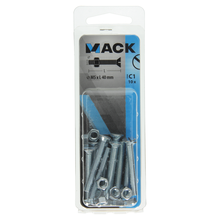 Mack 1017503 - tornillo metálico galvanizado. cabeza + tuerca chapada 10uds m5 x 40 mm | 10 piezas