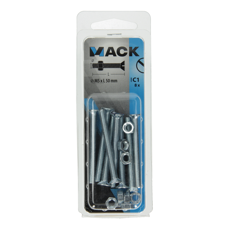 Mack 1017504 - tornillo metálico galvanizado. cabeza + tuerca chapada 8 piezas m5 x 50 mm | 10 piezas