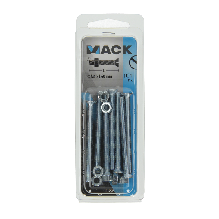Mack 1017505 - tornillo metálico galvanizado. cabeza + tuerca plateada 7 piezas m5 x 60 mm | 10 piezas