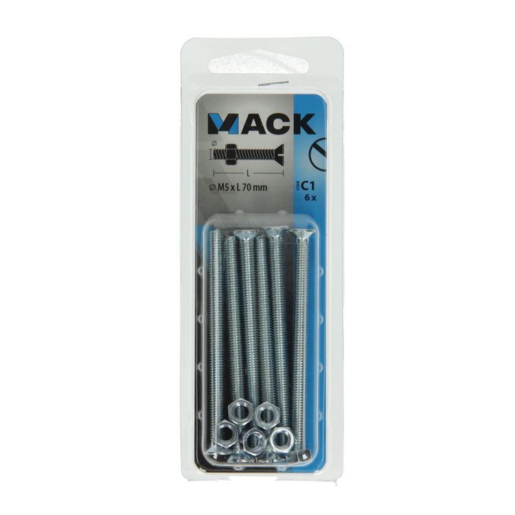 Mack 1017506 - tornillo metálico galvanizado. cabeza + tuerca chapada 6 piezas m5 x 70 mm | 10 piezas