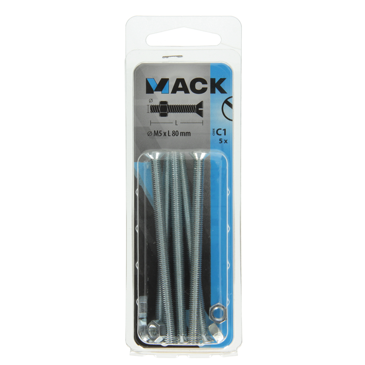 Mack 1017507 - tornillo metálico galvanizado. cabeza + tuerca chapada 5 piezas m5 x 80 mm | 10 piezas